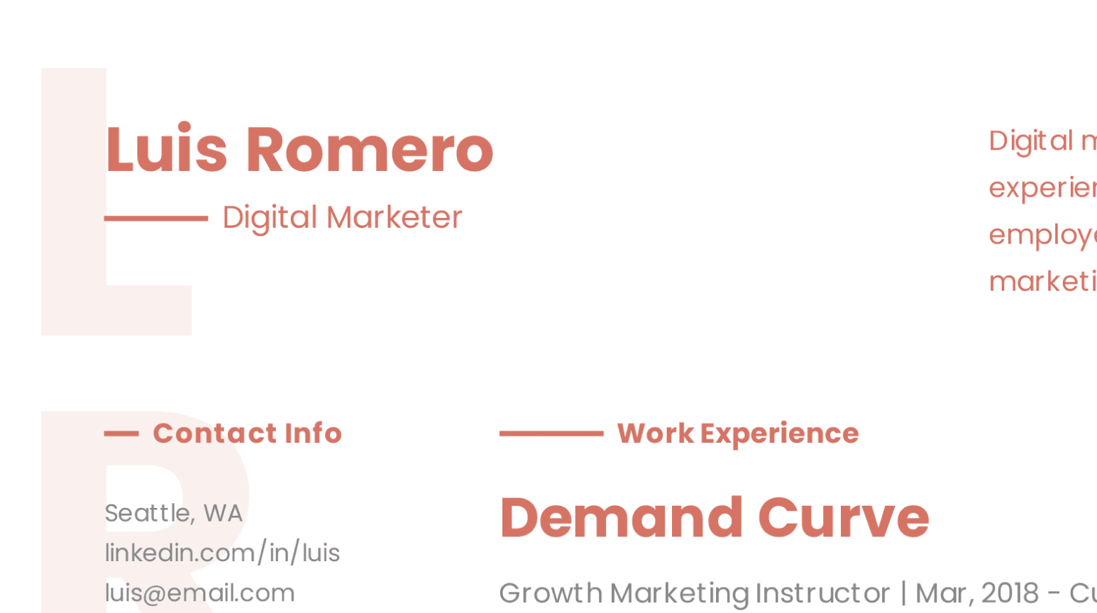 Design details of modern Digital Marketer resume sample.