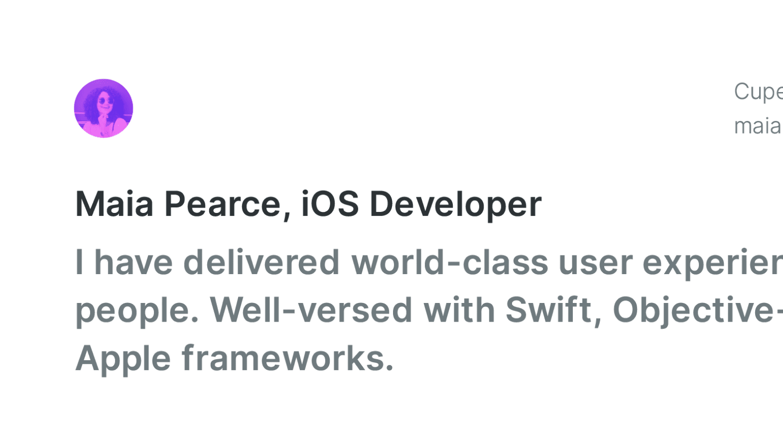 Design details of modern iOS Developer resume sample.