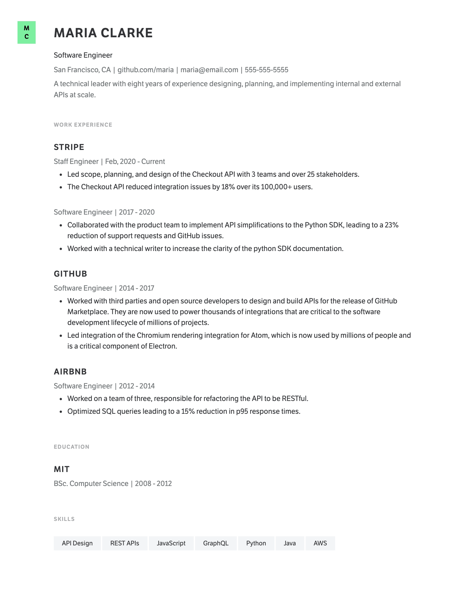 Example software engineer resume template