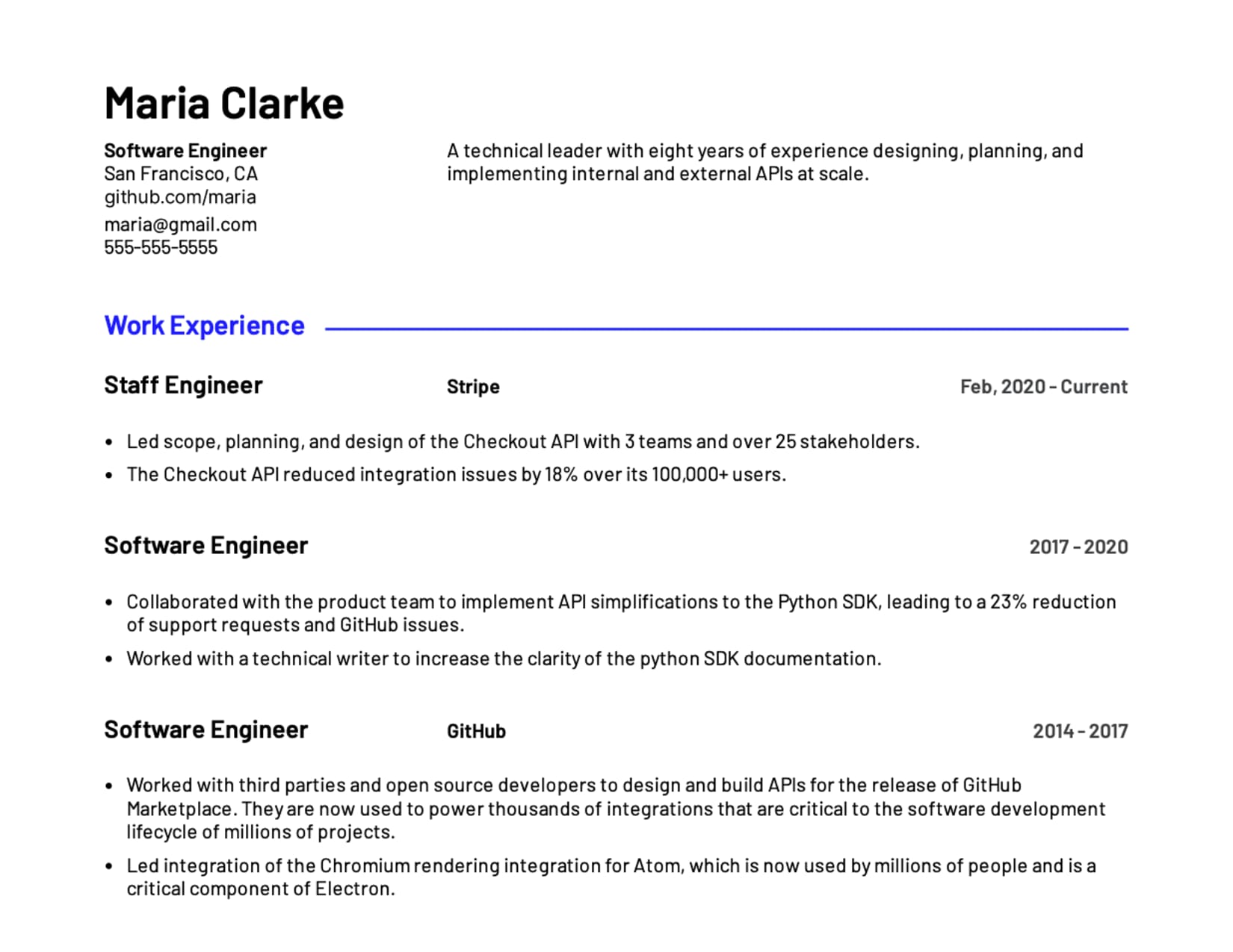 Software engineer example resume template