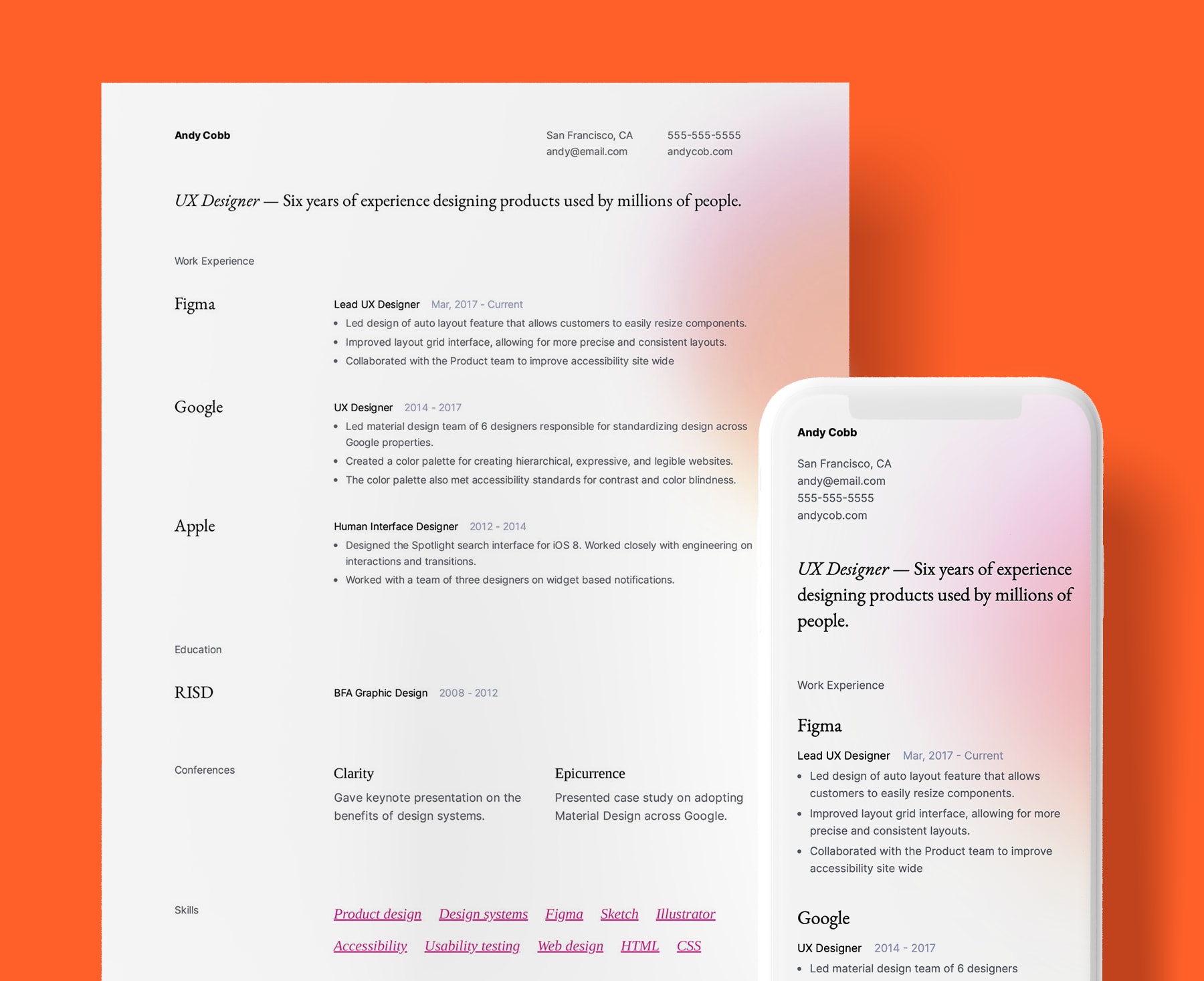 Cordova modern resume template for UX Designers. Shown in web and PDF format.