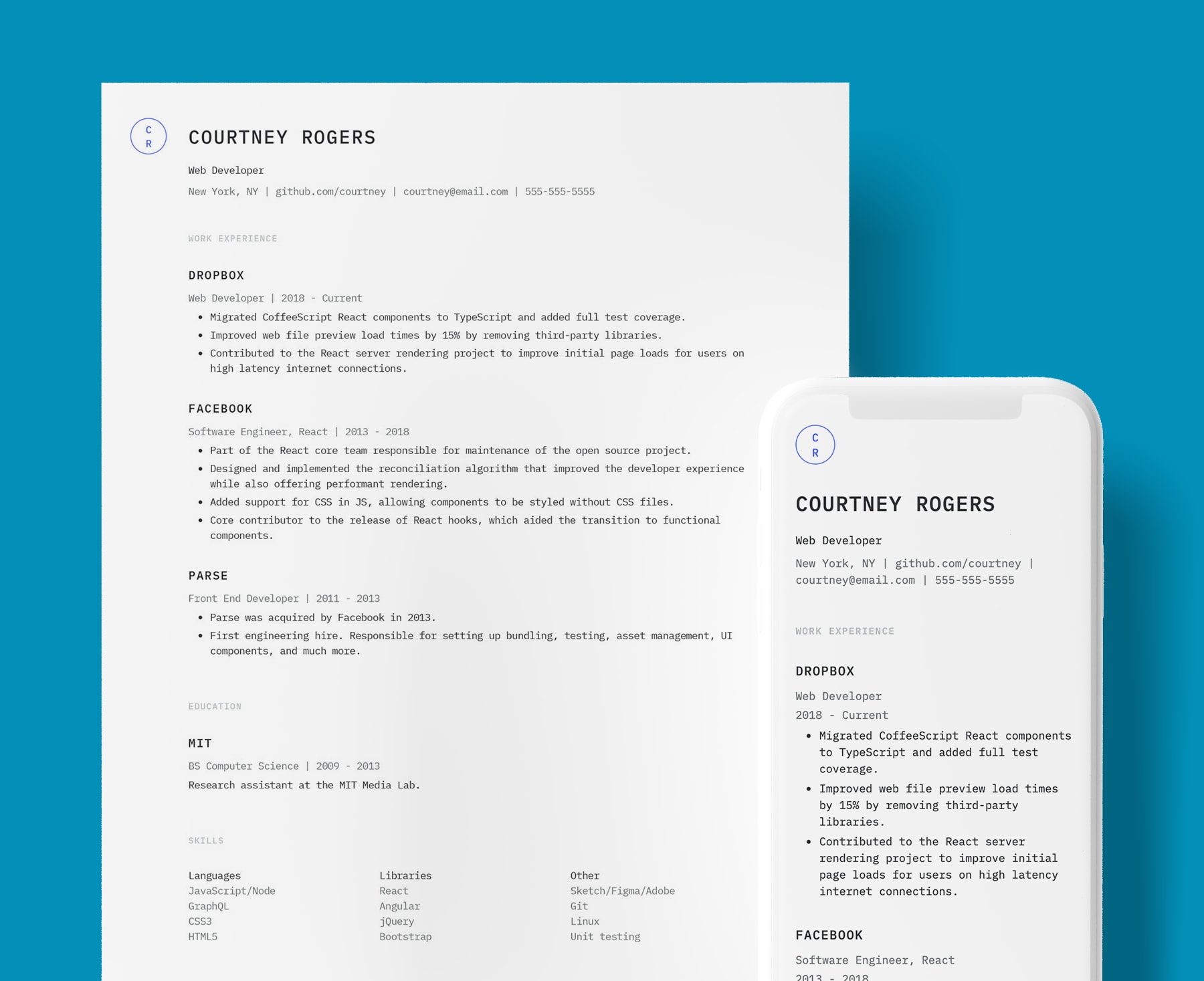 Keefer simple resume template for Web Developers. Shown in web and PDF format.
