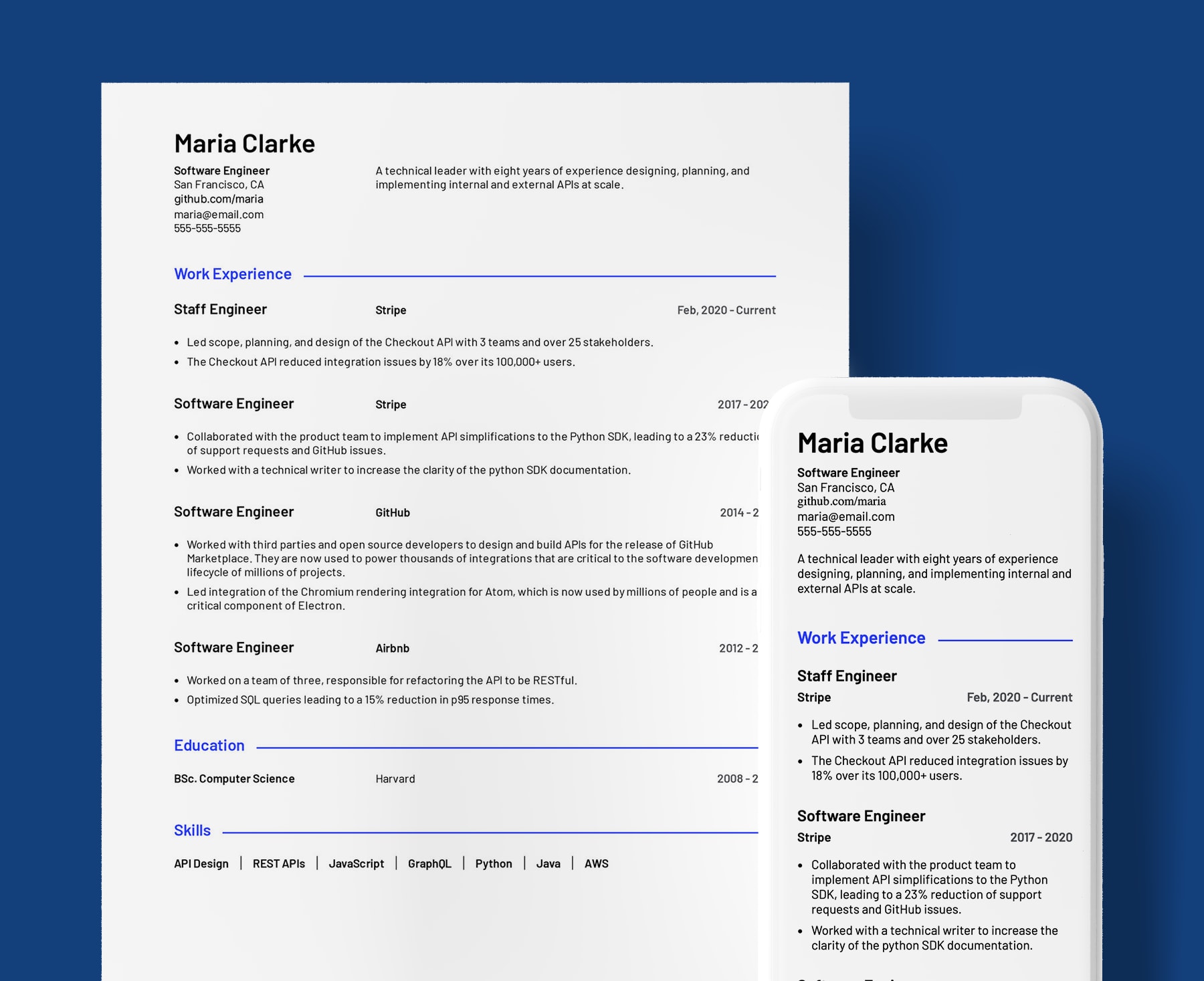 Parker basic resume template for Software Engineers. Shown in web and PDF format.