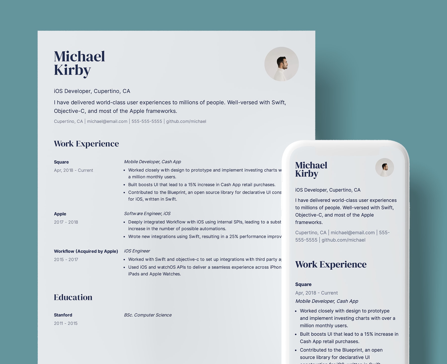 Seymore creative resume template for iOS developers. Shown in web and PDF format.