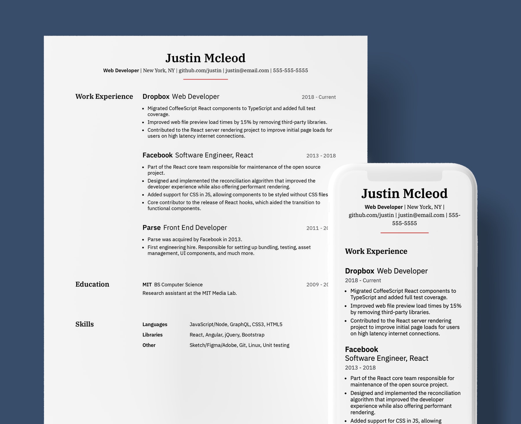 Venables professional resume template for Web Developers. Shown in web and PDF format.