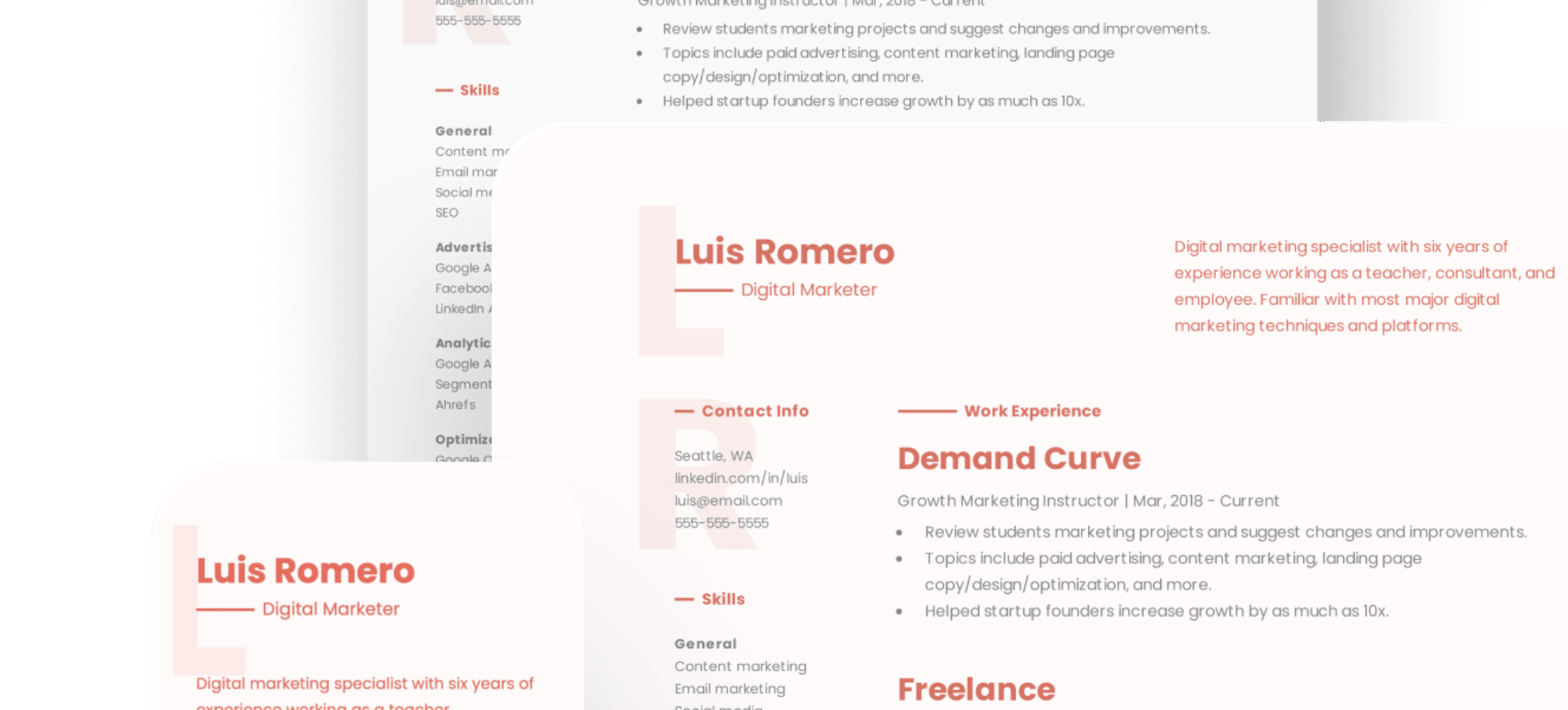 Creative resume template shown on mobile, web, and PDF.