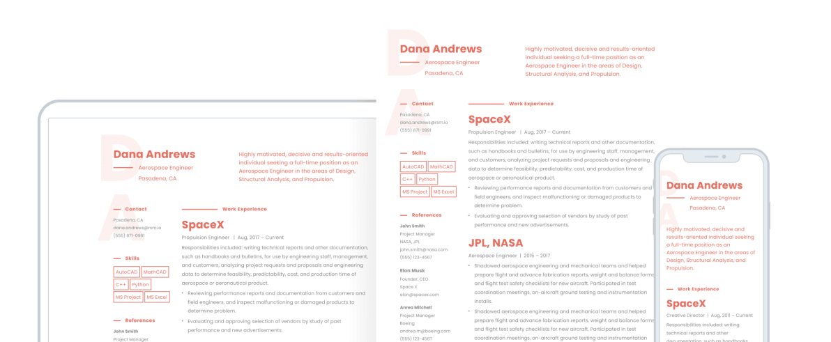 A resume template shown on a phone, computer, and paper